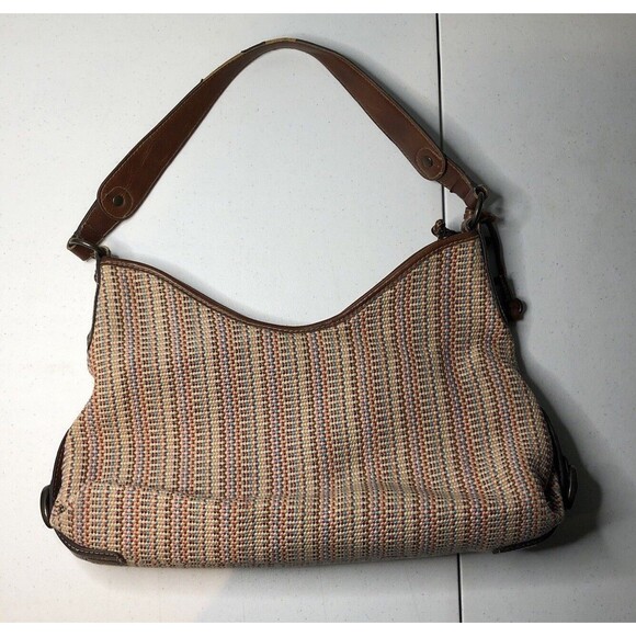 Fossil Handbags - VTG Y2K Fossil Key Woven Nylon Brown Leather Hobo Bag Handbag Shoulder Purse